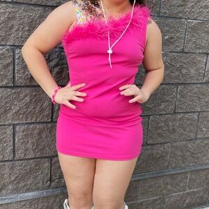 One Shoulder Pink Feathered Dress